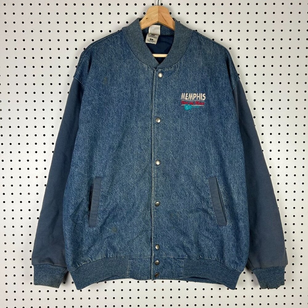 Memphis Hear the Music Denim Jacket XL Bomber 90s READ Hard Rock Blues Stitched